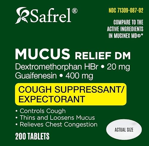 Safrel Mucus Relief Dm, 200 Count Value Size, Dextromethorphan Hbr 20Mg Guaifenesin 400Mg, Generic Mucinex Dm Cough, Immediate Release Fast Acting Expectorant Thins And Loosens Mucus, Relieves Cough #TOP1