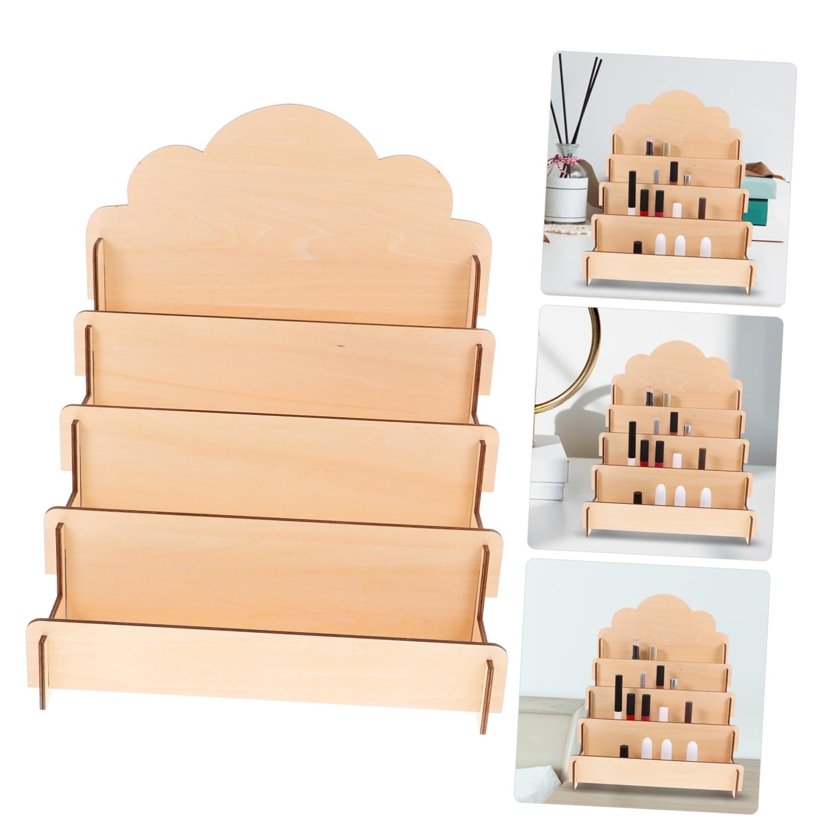 Expositor de Tarjetas de Madera Beige Niveles para Mostrador | Organización en Sobremesa, Estructura Escalonada, Diseño Simple Moderno