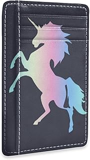 Rainbow Colorful Unicorn on Dark Slim Minimalist Wallet, Front Pocket RFID Blocking Leather Credit Card Holder, Case Protector Covers for Men Women