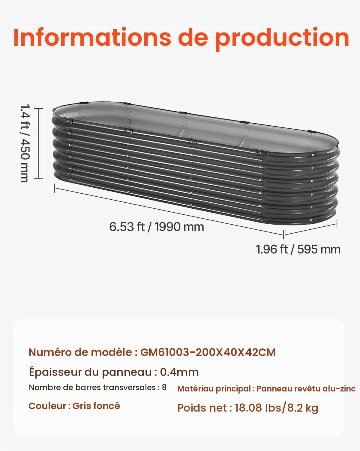 VEVOR Jardinière 1190x595x420 mm Lit de Jardin Surélevé Métal Galvanisé Bac de Plantation Ovale Fond Ouvert pour Cultiver Fleur Herbes Plantes Succulentes dans Jardin Terrasse Patio Balcon, Gris Foncé