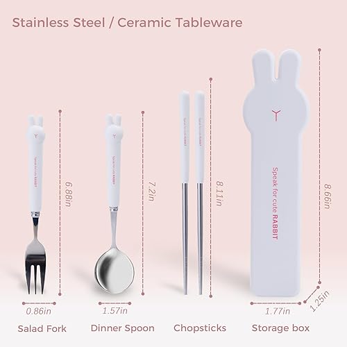 Miniatura 2 de Lindo conejo reutilizable de acero inoxidable tenedor cuchara palillos con estuche, juego de cubiertos de viaje de conejo para oficina, viajes,