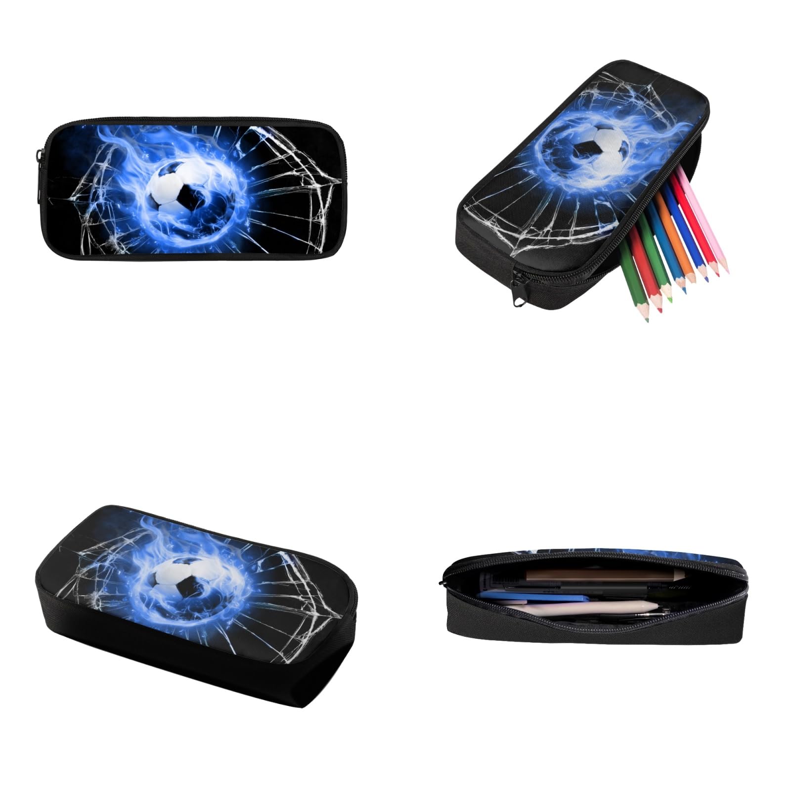 Zaino 3 in 1 per ragazzi con motivo calcio 3D Fire Soccer con borsa termica per il pranzo e custodia portapenne, set grande e leggero, zaino casual per bambini