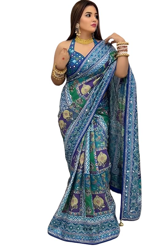 Vragi Women's Multicolor Designer Soft Printed Saree with Mirror Work & Printed Blouse Piece_1-picture-34