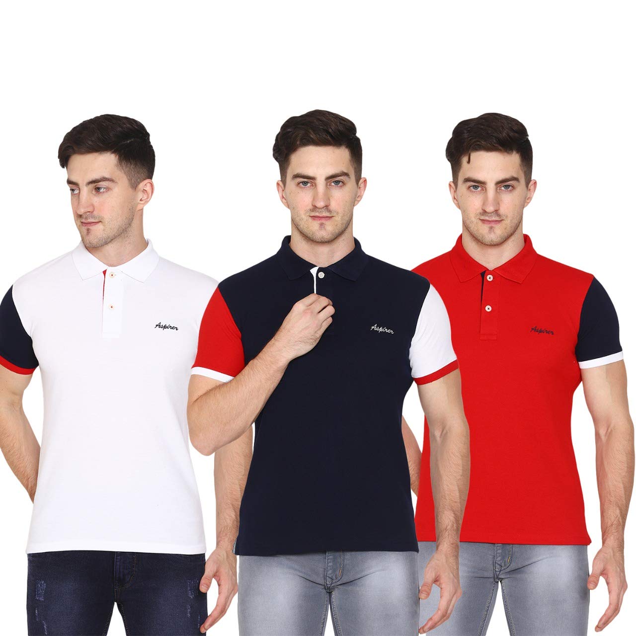Aspirer Mens Stylish Cotton|Polyster Half Sleeve Regular Fit Polo Neck Solid Set of 3 Tshirt