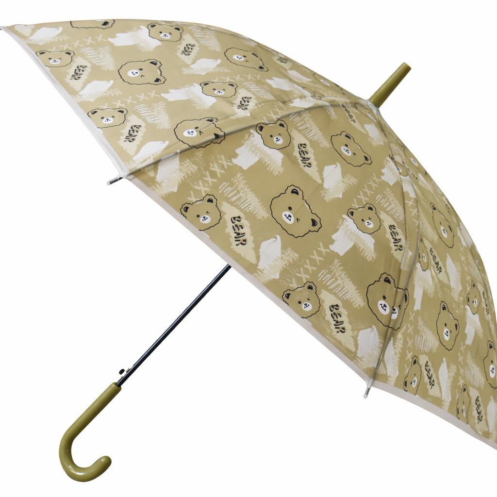 Kids Cartoon Rain Cover with Cute Bear Print Design, Dome Style Lightweight Windproof Long Handle for Boys & Girls (Beige)-image-47