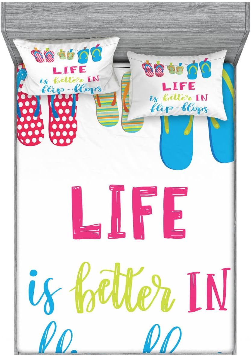 Ambesonne Summer Fitted Sheet & Pillow Sham Set, Life is Better in Flip Flops Message with Polka Dotted and Striped Hanging Slippers, Decorative Printed 6 Piece Bedding Decor Set, Full, White