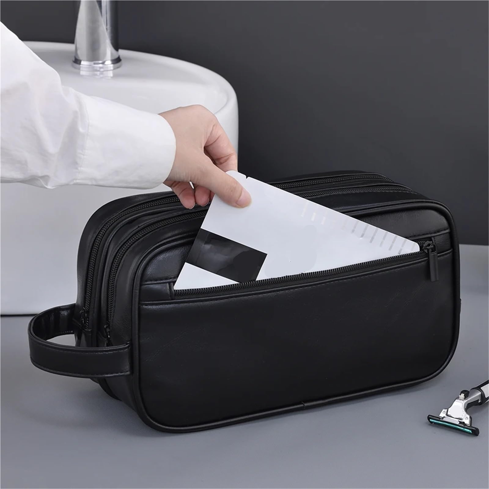 Neceser De Viaje Neceser de Doble Capa for Hombre, Organizador de Lavado de Viaje de Cuero PU, Bolsa de cosméticos de Afeitado Resistente al Agua, Almacenamiento para Viajes(Coffee)