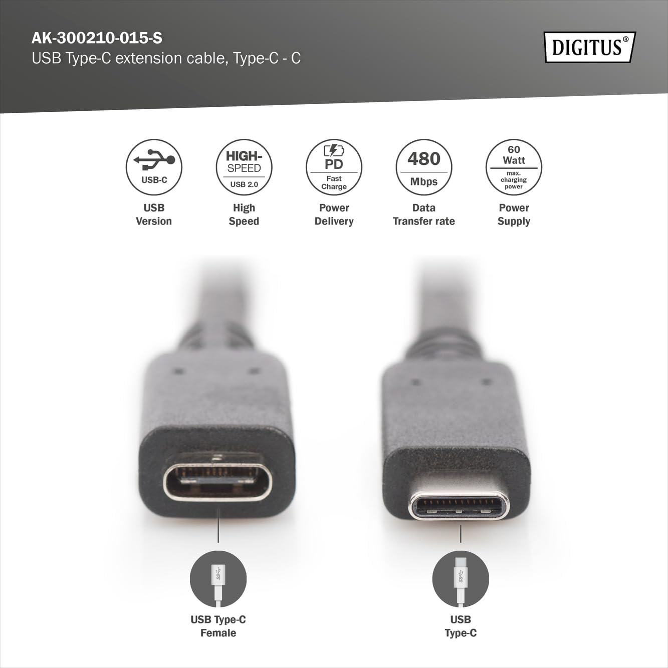 DIGITUS USB Type-C Extension Cable, Type C M/F, 1.5m, 3A, 480MB, Version 2.0, bl