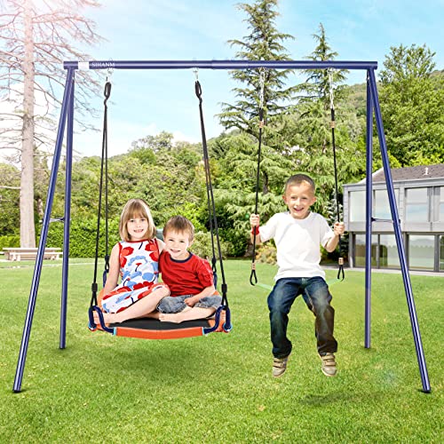 Swing Sets for Backyard, 440lbs Heavy Duty Metal A-Frame Outdoor Swing Stand, Kids Swing Sets with 1 Saucer Swing Seat, 1 Belt Swing Seat and Adjustable Rope for Playground - Thumbnail 6
