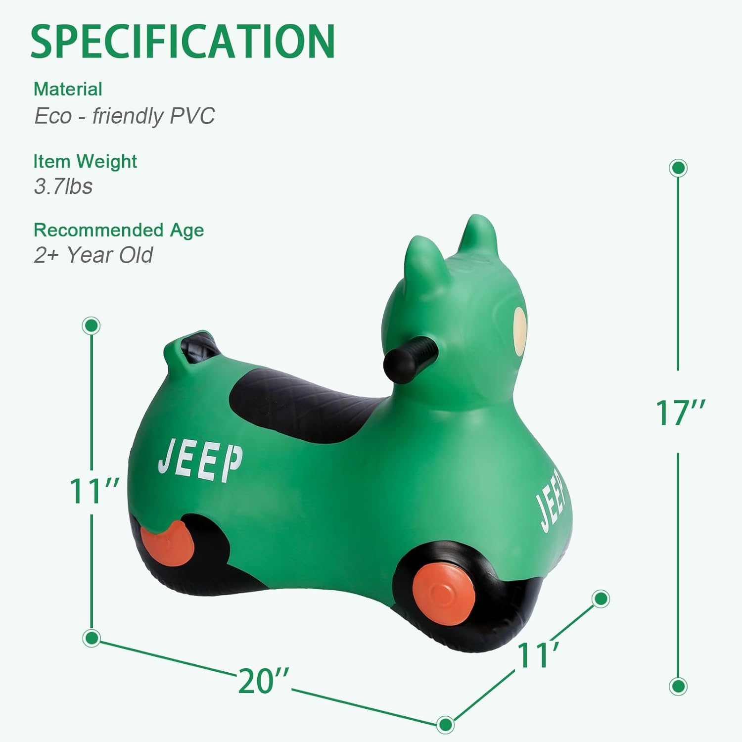 INPANY Kids Bouncy Car Hopper Toys, Toddlers Ride on Car, Inflatable Hopping Toys, Bouncing Horse Buddies, Rubber Bouncer, Outdoor Indoor Birthday Gifts Toy for 2 3 4 Yr Girl Boy (Green)