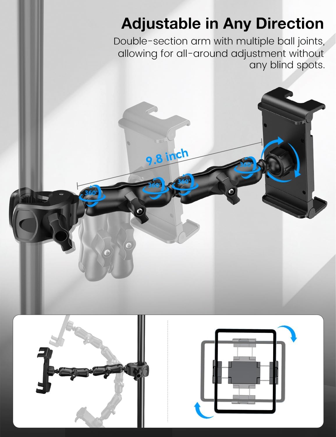 PLDHPRO Tablet Holder for Mic Stand,iPad Clamp Mount with Long Arm,360°Rotating Adjustable Tablet Mount for Microphone Stand,Fits 5.1"-15.6" iPad Pro 12.9, Galaxy,iPhone