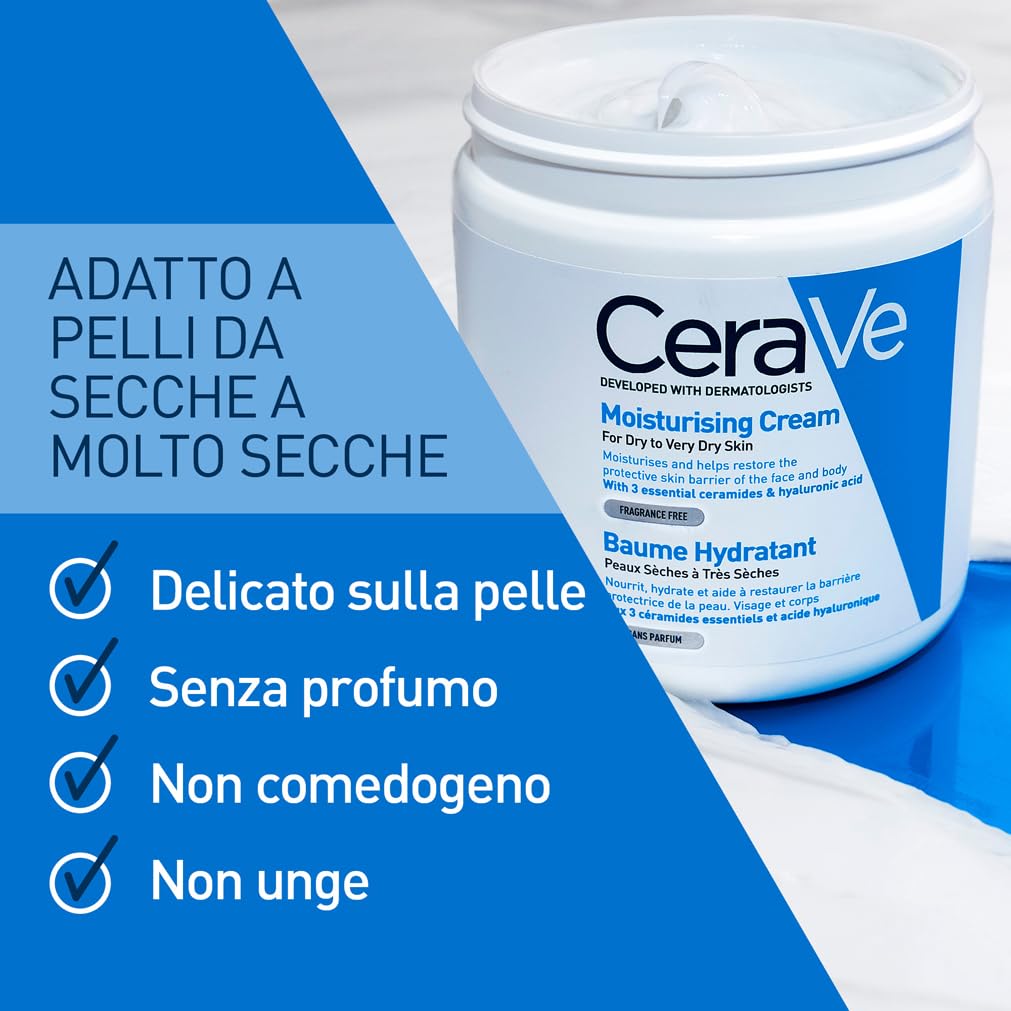 CeraVe Crema Idratante Viso e Corpo, Per Pelli da Secche a Molto Secche, Azione Protettiva e Ripristino della Barriera Cutanea, Con 3 Ceramidi e Acido Ialuronico + Routine Correlate a Questo Prodotto