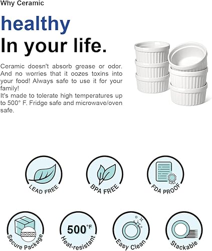 Miniatura 8 de LE TAUCI Ramequines de 119 ml aptos para horno, Ramequines de crema catalana, Tazas para natillas y soufflé, Ramequines para salsas, Juego de 6