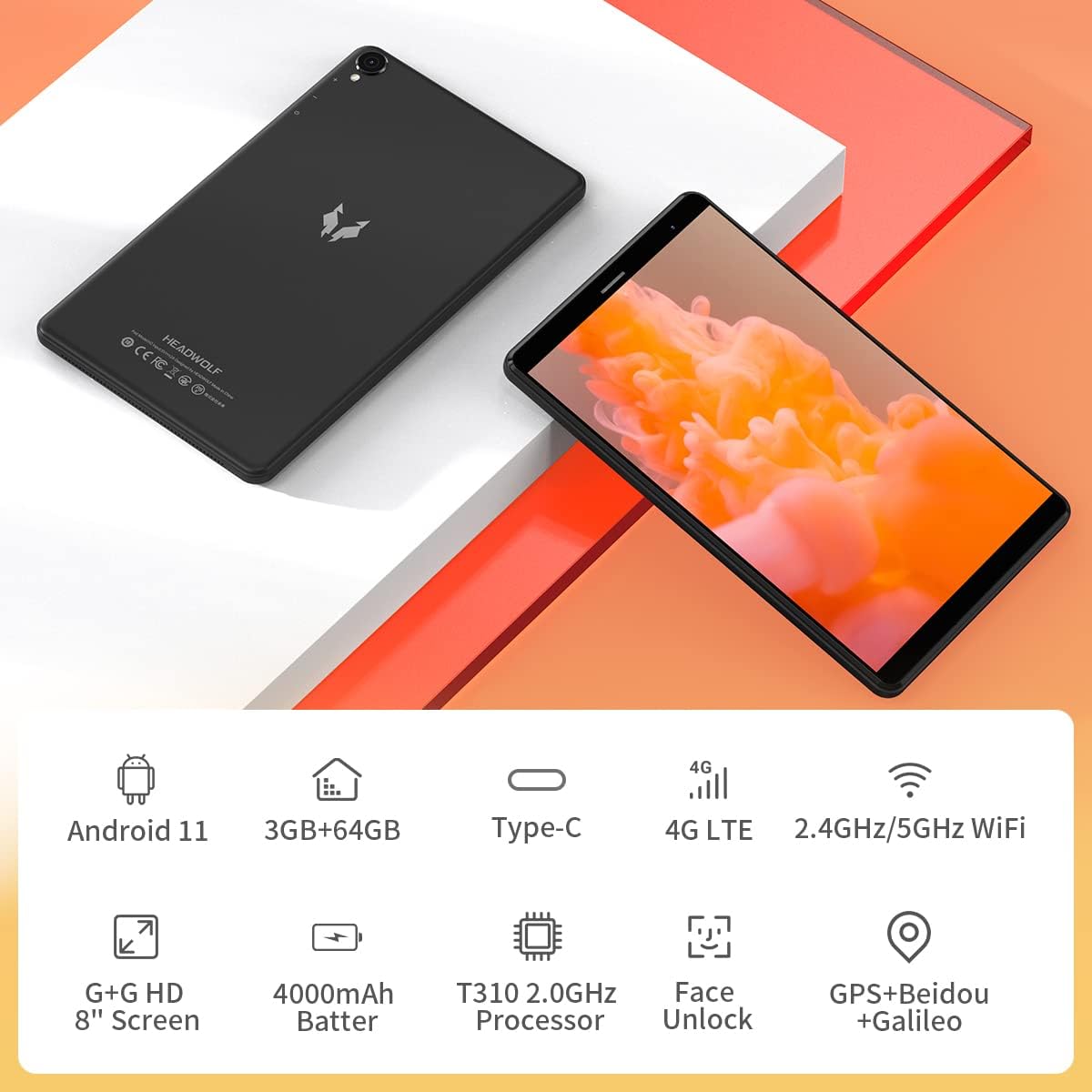 뒤쪽에 view of Headwolf FPad 1 showing camera, logo, and regulatory information