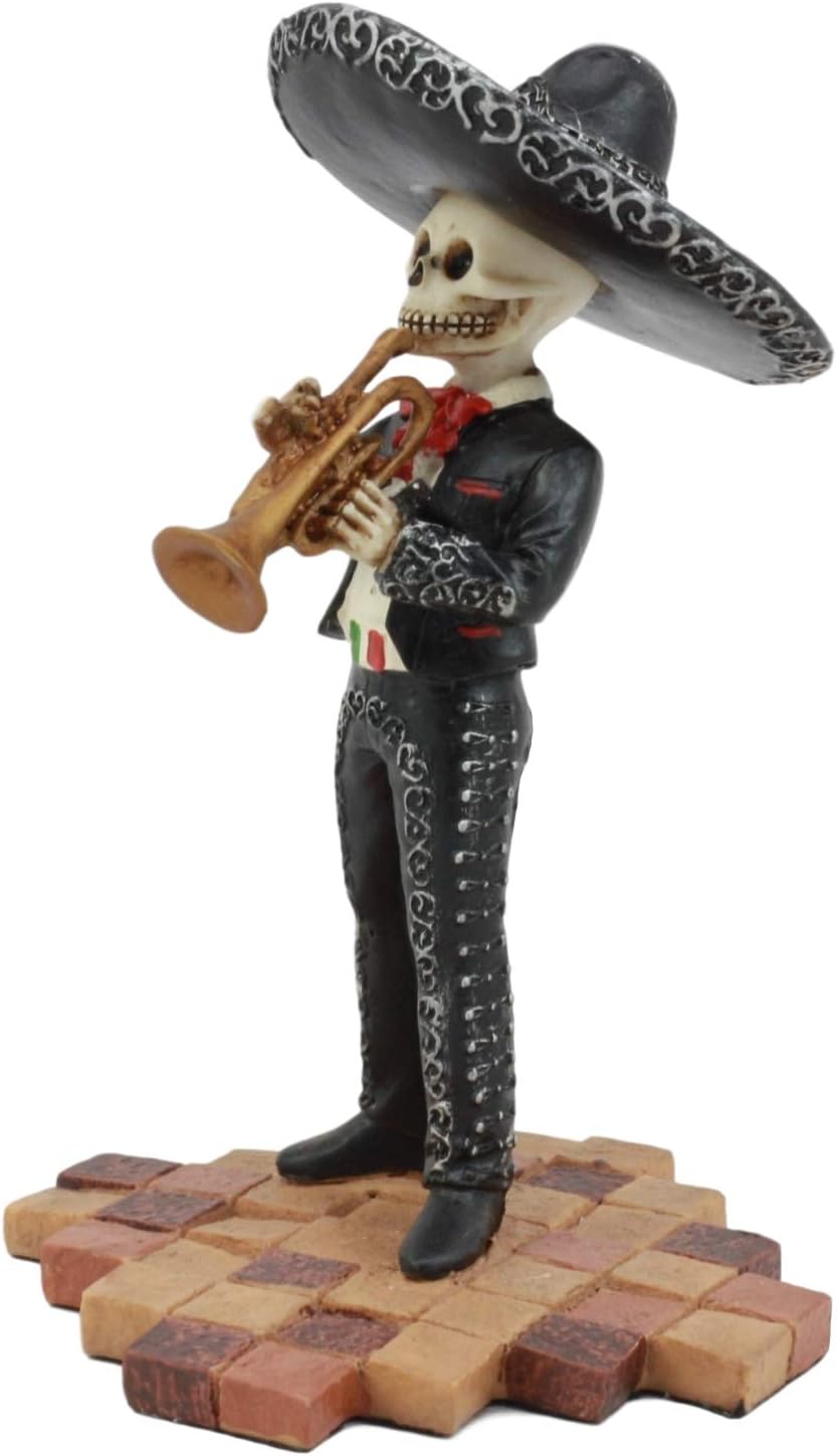 Gifts & Decor Ebros Day of The Dead Black Mariachi Skeleton Figurine 5.5" Tall Folk Musician Gothic Trumpet Player Statue