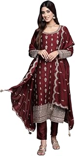 Libas Womens Embroidered Silk Blend Pakistani Kurta With Trousers and Dupatta Price In India