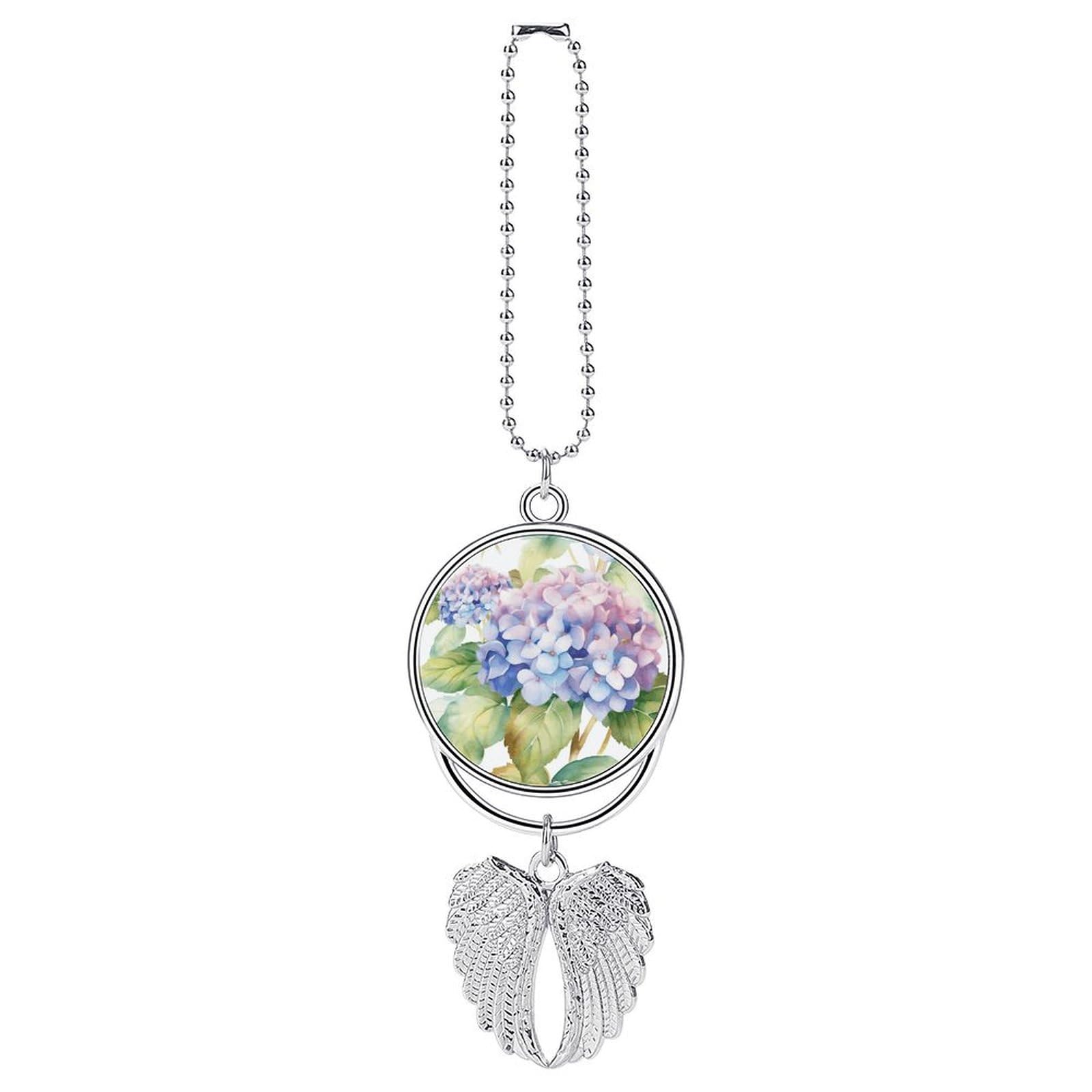 Hydrangea Watercolor Car Pendant Car Rearview Mirror Pendant Custom Photo Car Hanging Ornament Car Rear View Mirror Hanging Accessories Angel Wing Car Charm Gift for Men Women