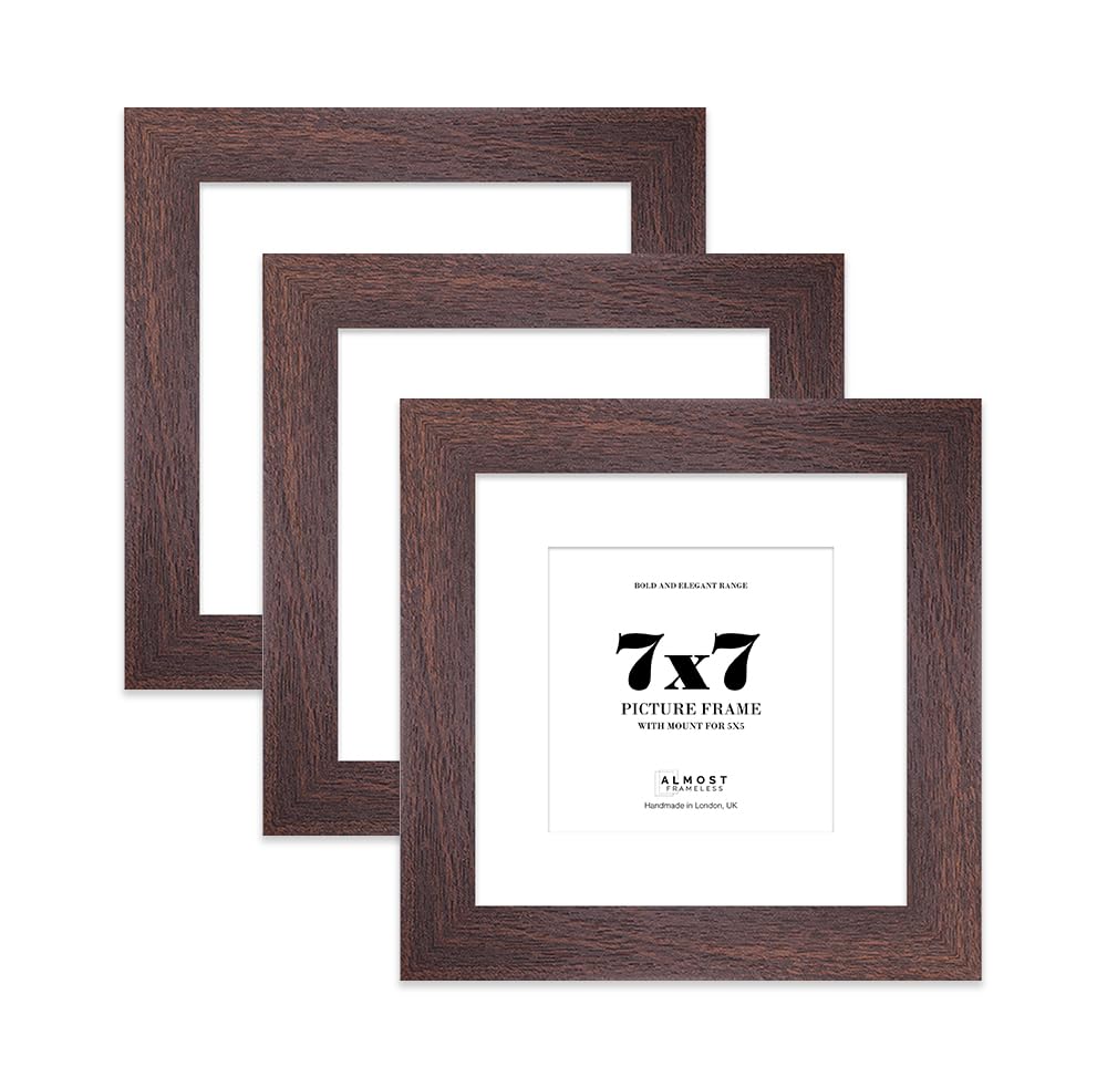 7x7" Walnut Square Frame With Mount for 5x5" Pictures 28mm Edge Frame Display with Wall Hooks and Kickstand, 3 Pack