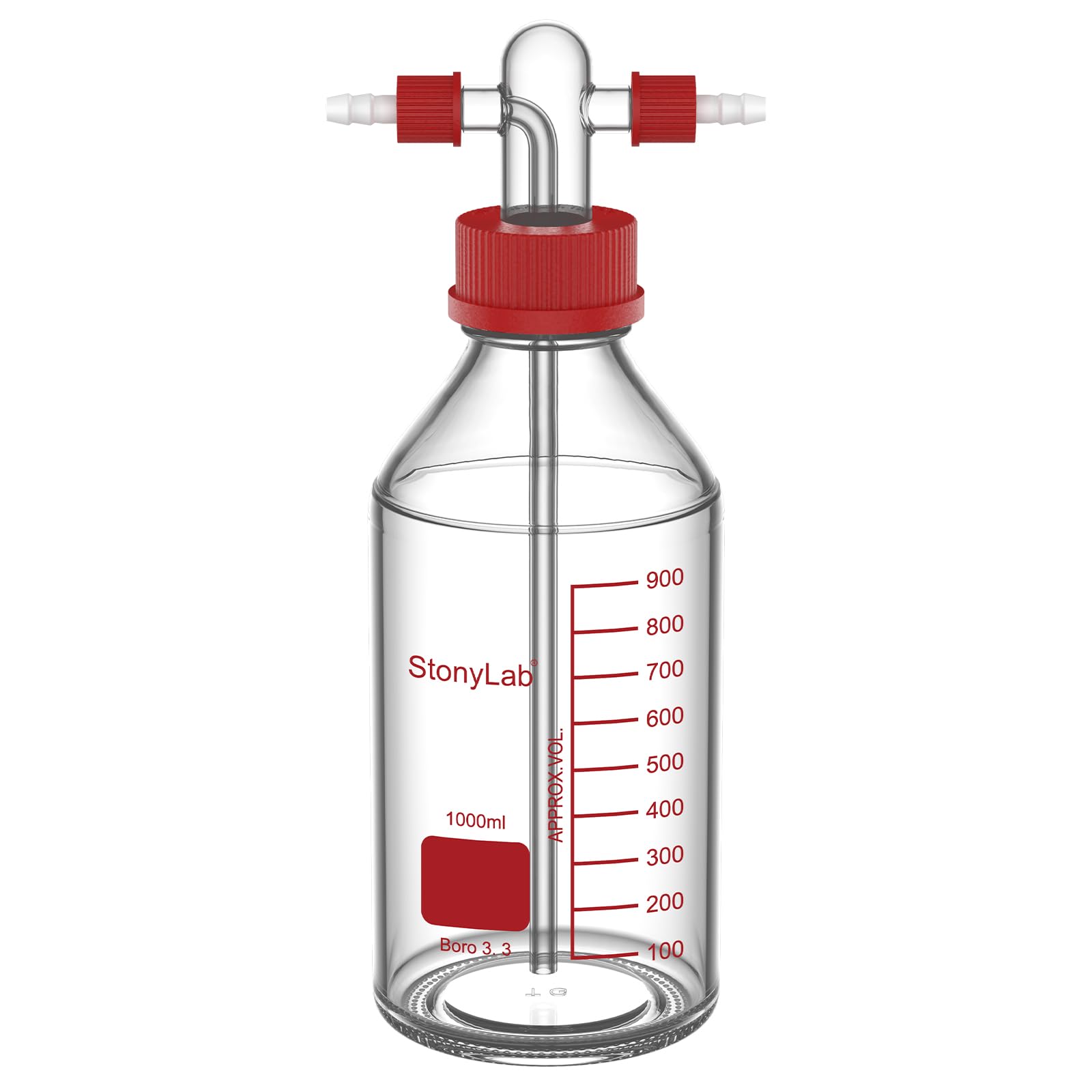Stonylab Transparant Gas Washing Bottle, Borosilicate Glass With Gl45 Screw Thread Pp Cap And Silicone Seal, 8Mm Od Hose Connector For Laboratory Storage And Dispensing, 1000 Ml