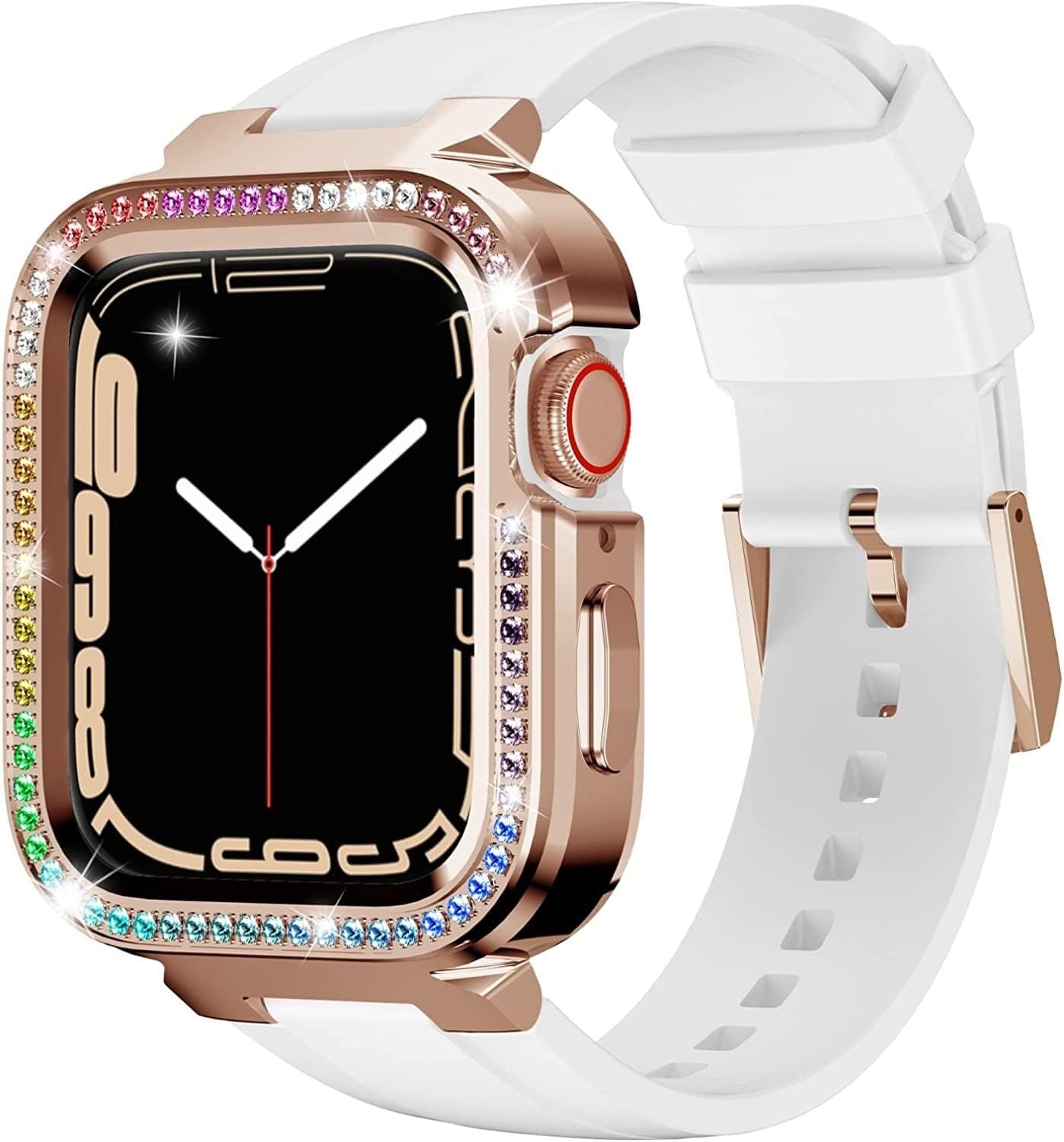 DAVNO Diamond Face Cover Stainless Steel Case Rubber Watch Bands 40mm for Women，For Apple Watch SE 8, Mod Kit 41mm Cubic Zirconia Metal Frame Replacement Watch Strap