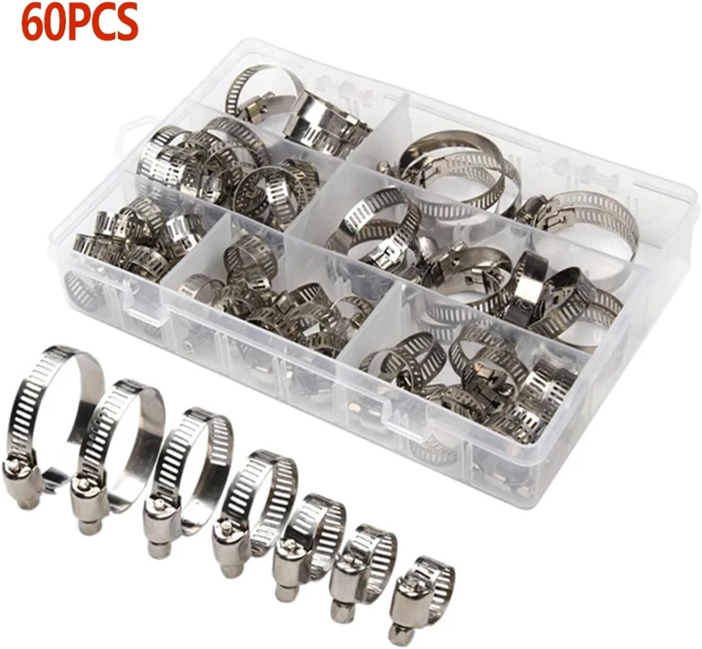 Round Hose Clamp Hose Clamps Set Stainless Steel Adjustable Worm Gear Screw Band Clamp(60 Pcs)