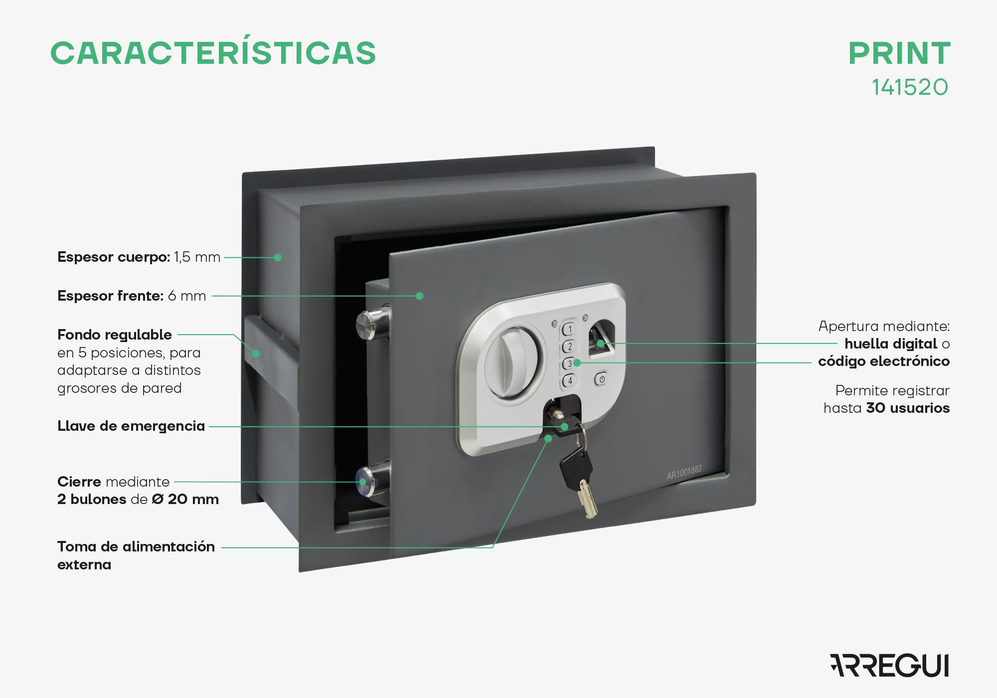 Cassaforte Da Incasso Arregui Con Impronta Digitale - Fondo Regolabile, 26x35x15-25cm, Alta Sicurezza - Foto 3