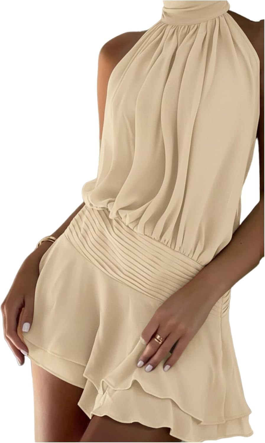 Floerns Women's Summer Mini Dress Sleeveless Halter Backless Ruched Date Night Layered A Line Dresses