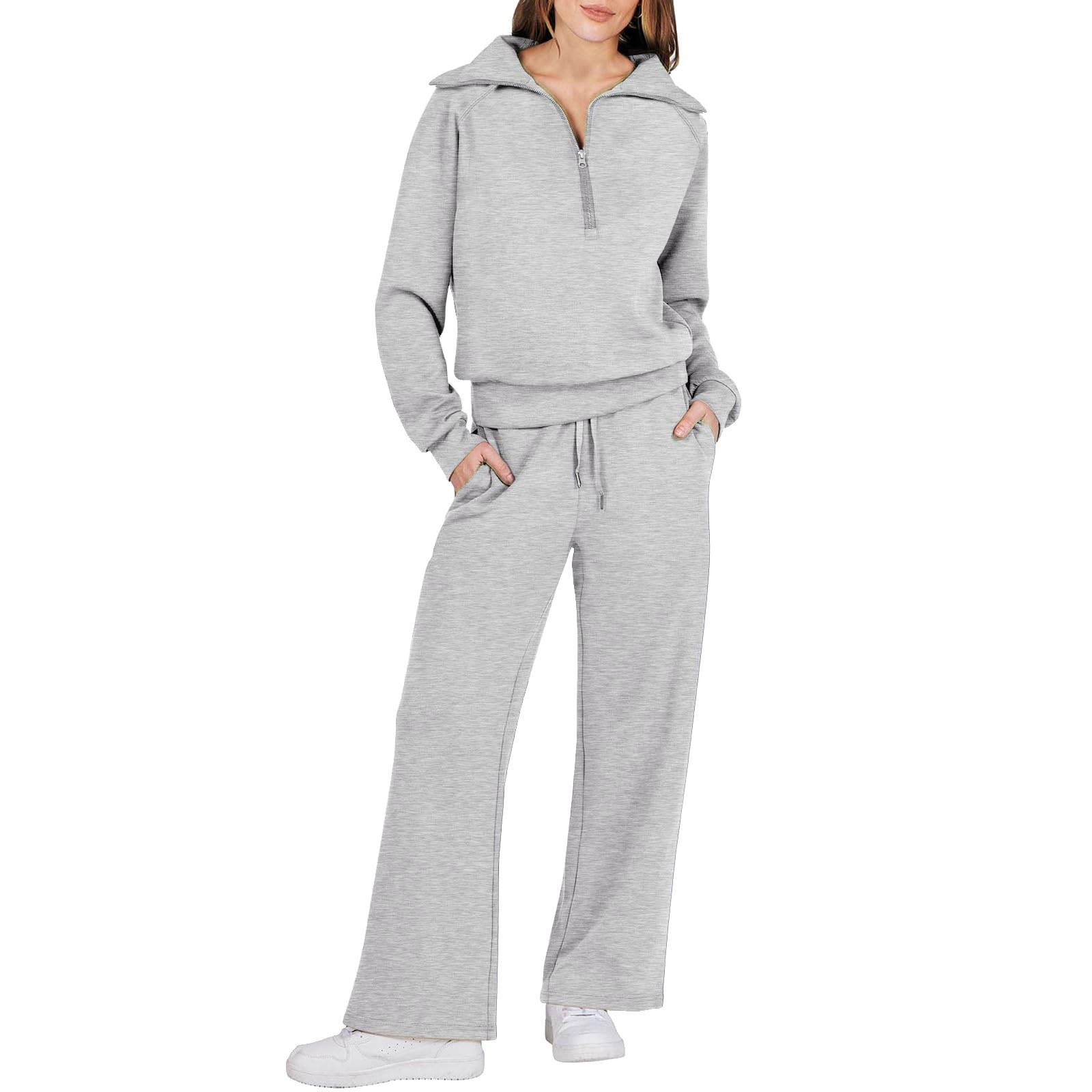 Conjunto completo de chándal para mujer, pierna ancha, media cremallera, casual, con cremallera de un cuarto y pantalones deportivos, a la moda, Y2K, para novio, cómodos, térmicos, para otoño