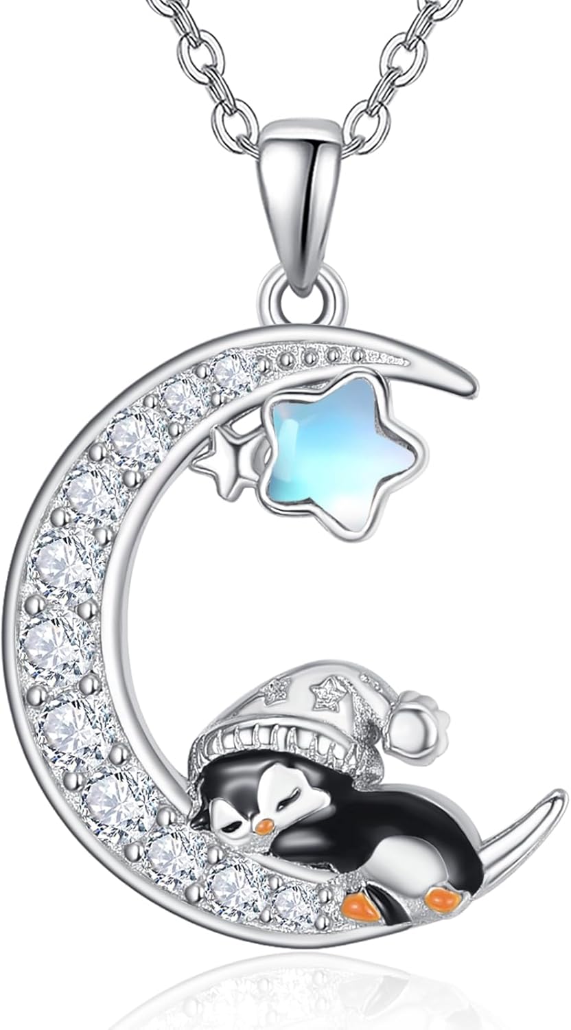 KINGWHYTE Penguin/Sloth/Tree of Life Necklace 925 Sterling Silver Moon Pendant Cute Animal Jewelry Birthday Gifts for Men Women