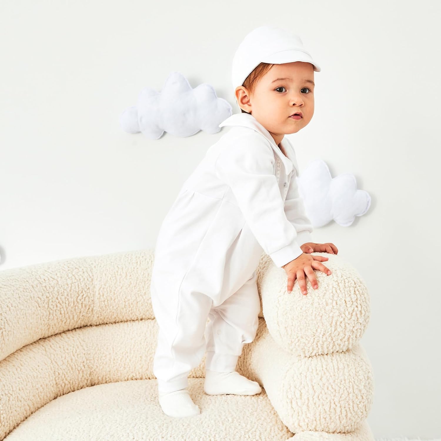 pureborn Unisex Baby Jumpsuit Infant Boys Girls Cotton Spring Fall Romper One-Piece Coverall Baptism Outfit White 0-24 Months