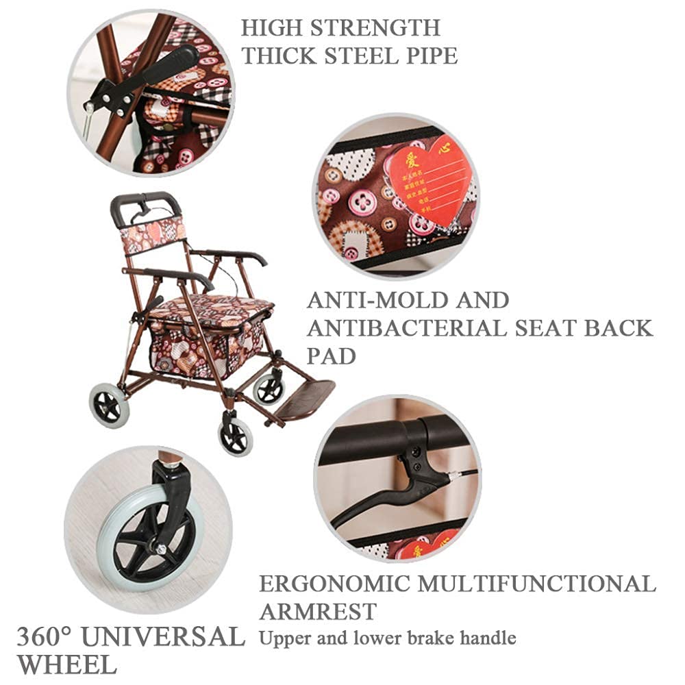 Carrello multifunzione da cucina con sedile e riposo Design pieghevole a 4 ruote girevoli freno di parcheggio di sicurezza freno a piedi Assist Utility Cart per stoccaggio Marrone Reticolo Reticolo