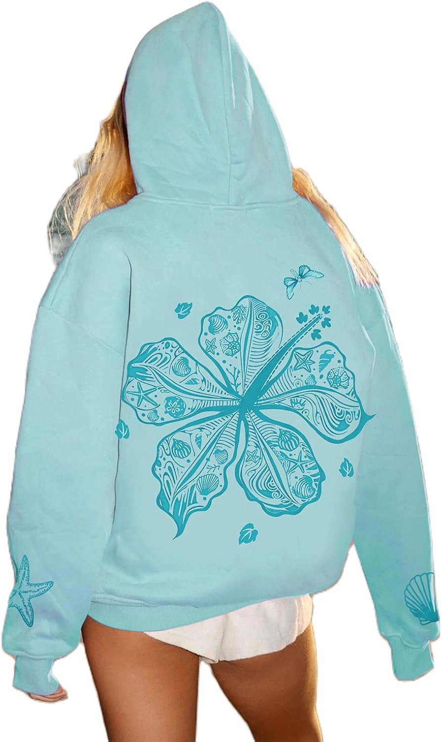 Oversized Graphic Hoodie for Teens Girl Y2K Ocean Floral Embroidered Preppy Hoody Sweatshirt Cute Aesthetic Sweater
