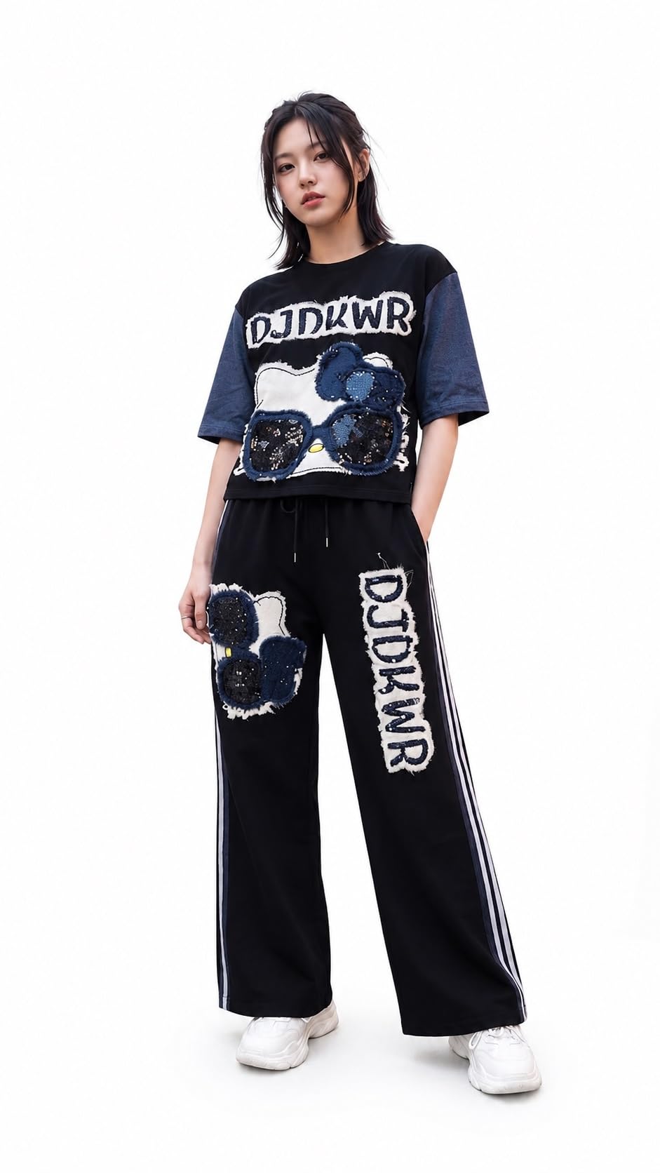 DJDKWR Women's Graphic Tracksuit Set, Black, Crop Top and Wide-Leg Pants-picture-55