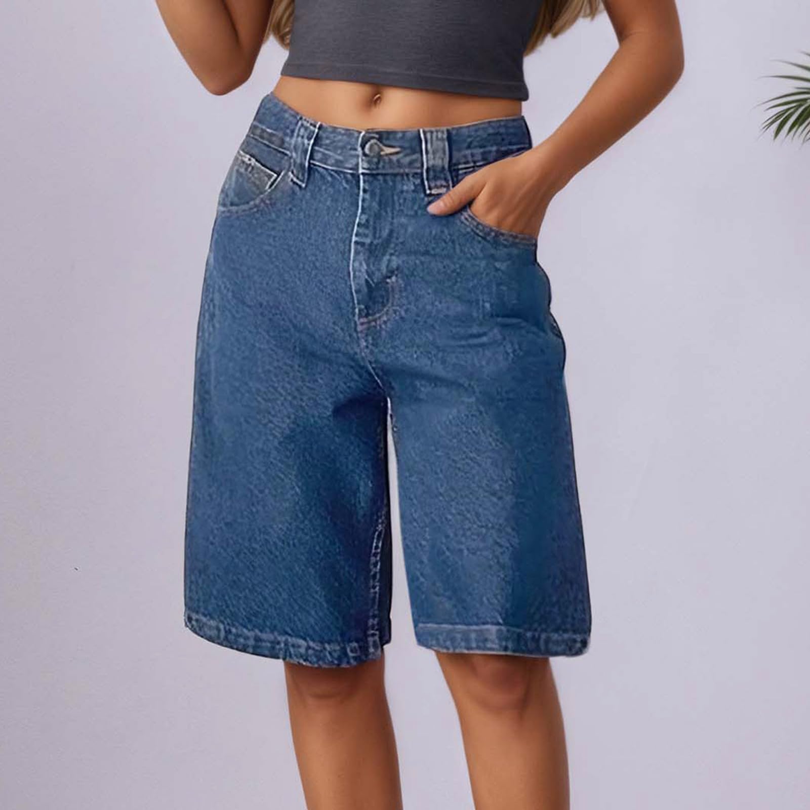 Generico Pantaloncini Sportivi Donna, Shorts Palestra Donna,Denim a Gamba Dritta Larghi Casual con Tasche Ginocchio Lungo Pantaloni Corti