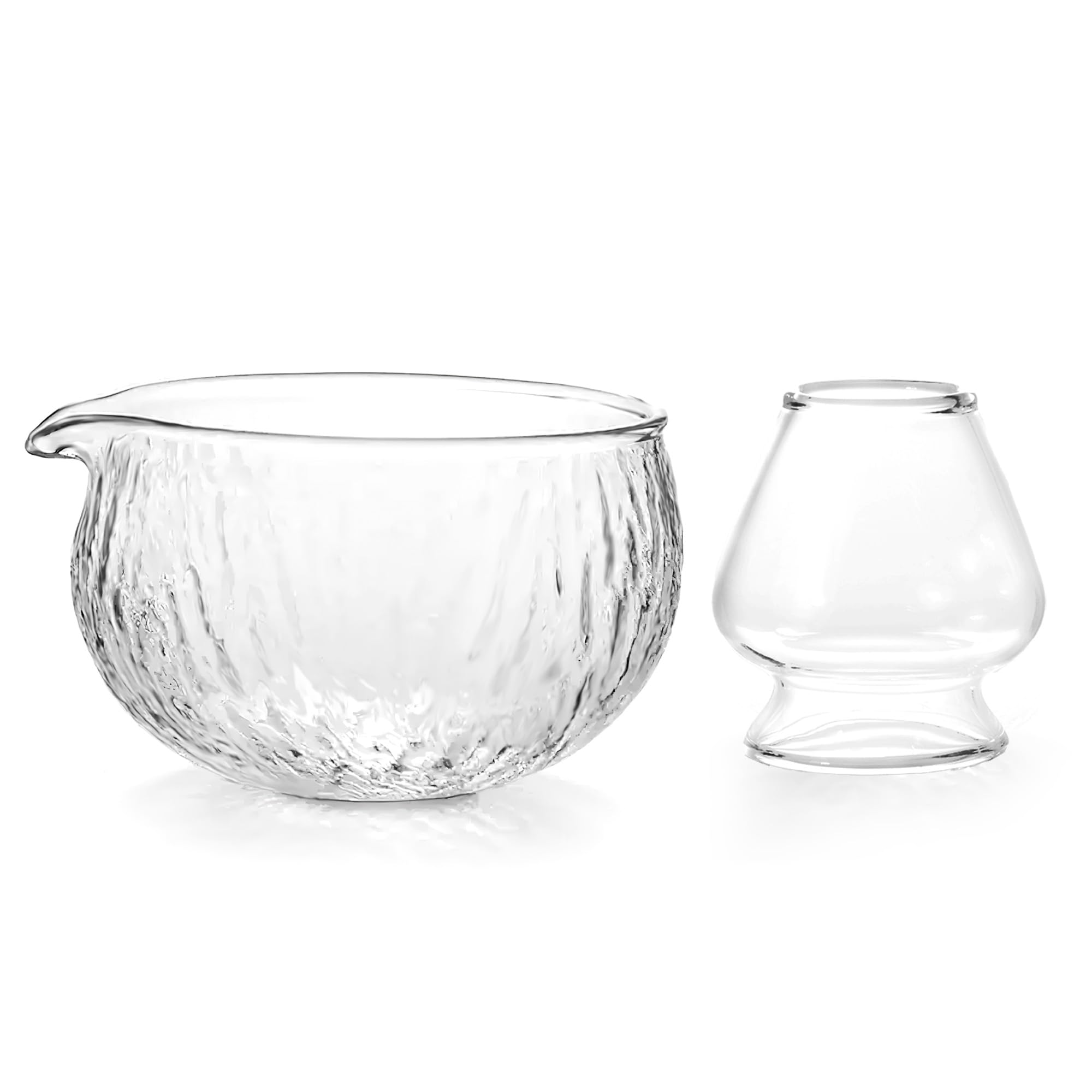 CAMATET Matcha Bowl and Whisk Holder Set, 500 ml/18 oz Glass Matcha Mixing Bowl with Spout, Ceremonial Matcha Tea Kit, Tea Bowl and Whisk Stand