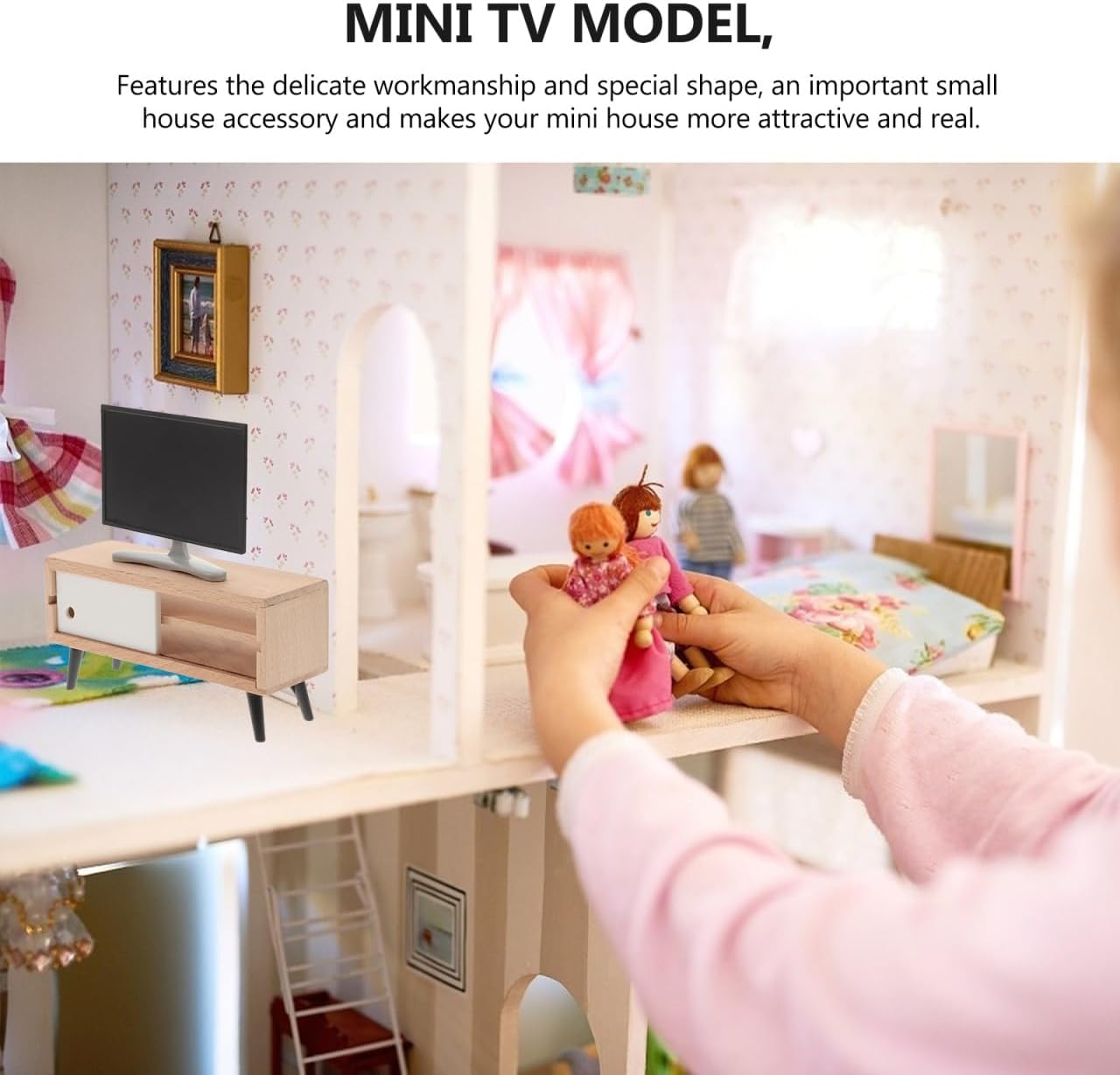 Dollhouse Miniature TV and Cabinet Set, 1:12 Scale Modern Tiny Living Room Furniture Storage Stand Diorama Background for Action Figures