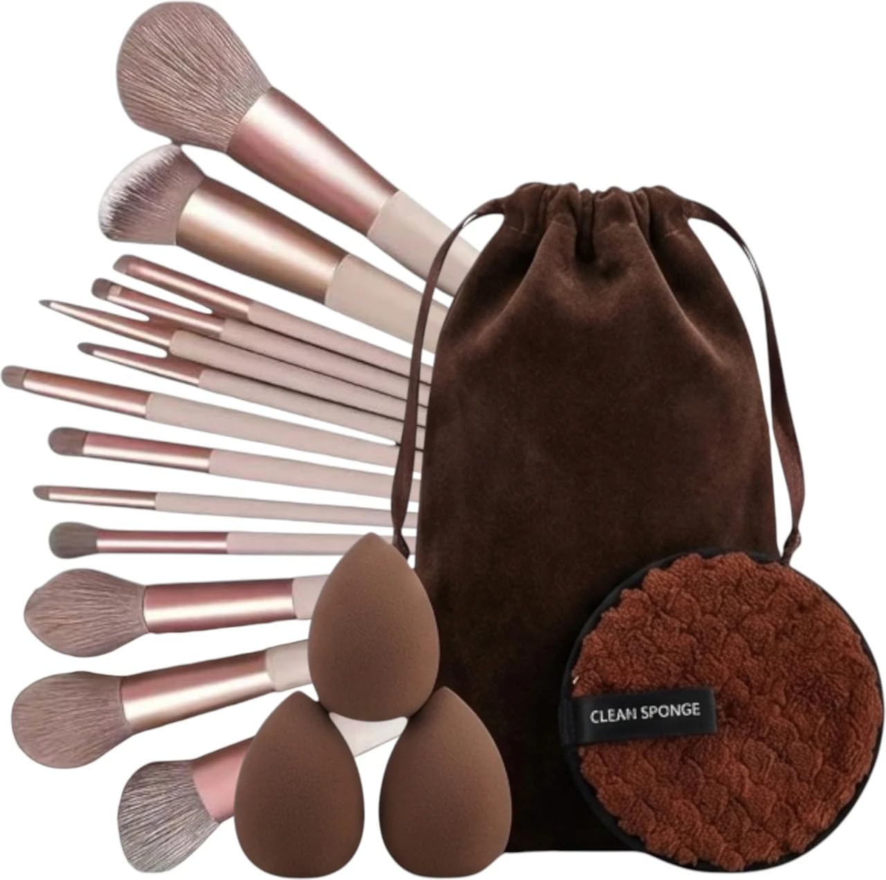 17Pc Makeup Kit Set – Premium 13-Piece Makeup Brush Set with 3 Makeup sponges & 1 Color-Removal Sponge – Soft Synthetic Bristles, Rose Gold & Cream Design with Velvet Travel Pouch – Complete Professional Beauty Tools (Coffee Edition) (Clean sponge and makeup puffs , color may vary or multicolour)-image-47
