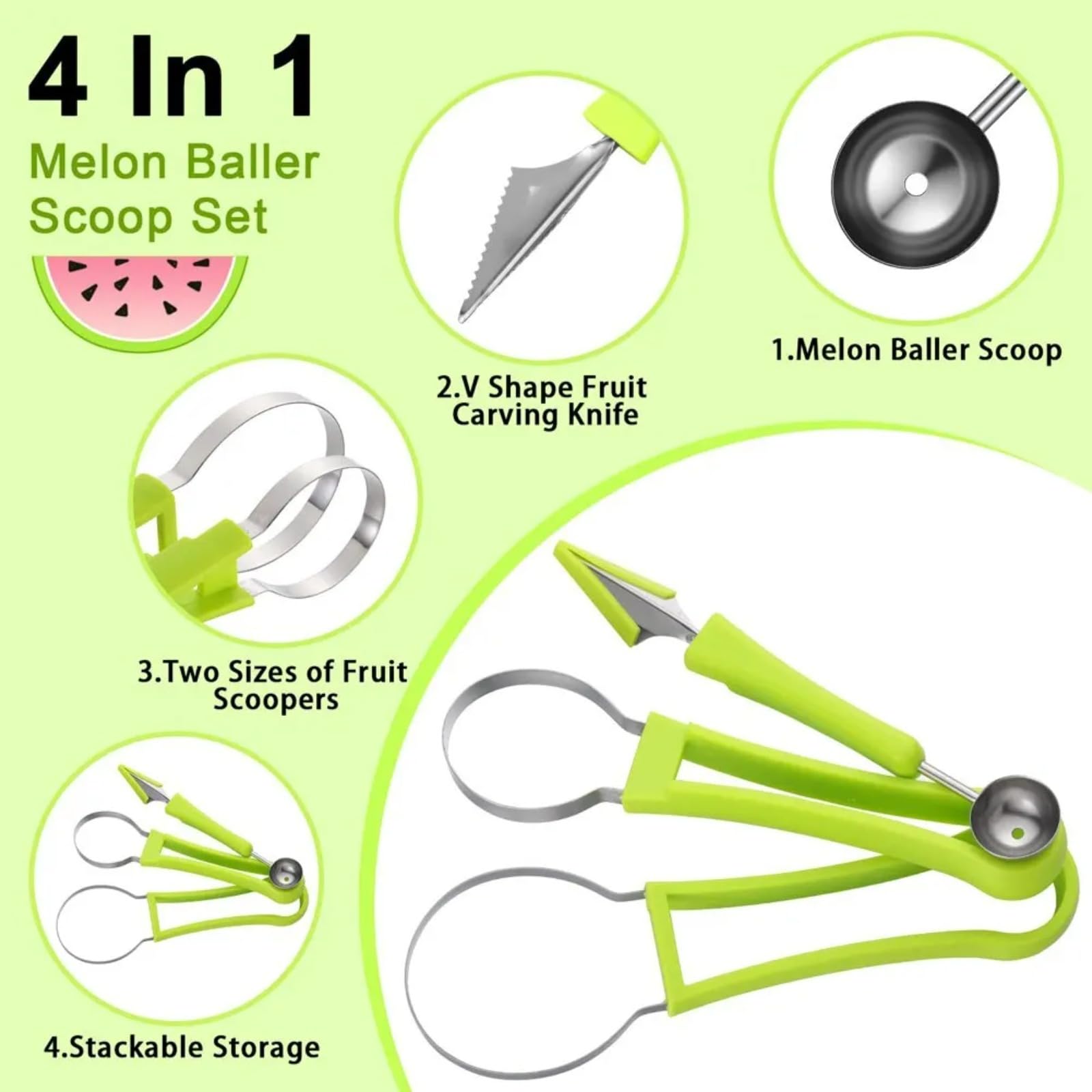 4 In 1 Melon Baller Scoop, Stainless Steel Watermelon Cutter Fruit Carving Tools Set for Fruit Slicer Dig Pulp Separator Green