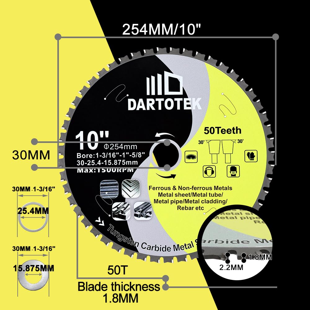 254mm TCT Sägeblätter, 50 Zähne Metalltrennscheibe Wolframkarbid bestückte Kreissäge für Eisen, Edelstahl, Nickel, Titan, Eisenmetalle und Stahlrohre