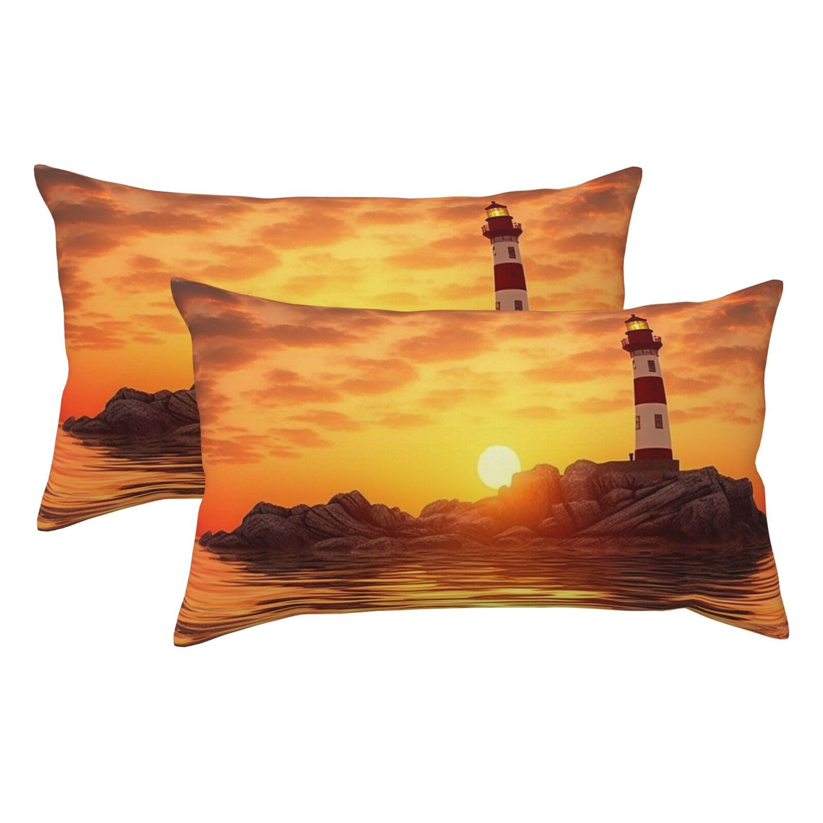 2 Pack King Size Pillow Cases for Hair and Skin Soft Breathable Pillow Case Covers with Hidden Zipper Sea Lighthouse in Sunset Pillowcase 20x36 Inches Pillow Covers for Sleeping Gift