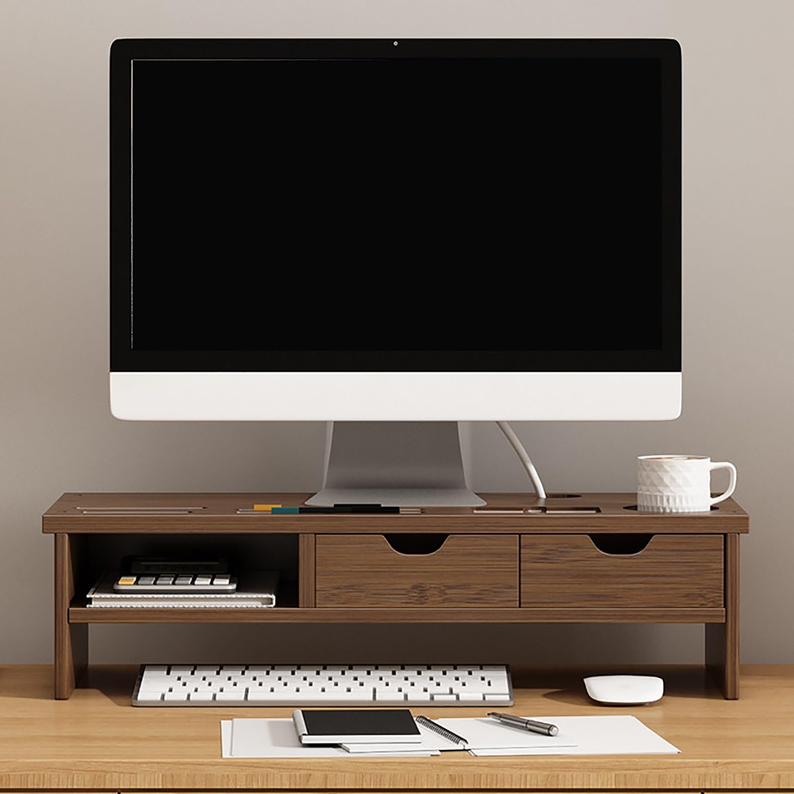 Podstawka Pod Monitor Bambus z Szufladą, Podwyższenie Monitora z Przechowywaniem, Stojak na Laptop Biuro Dom