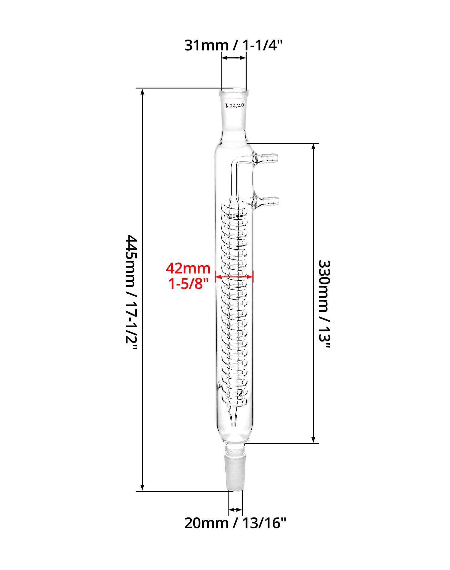 QWORK Condensateur à reflux de verre 24/40 – Grande capacité de refroidissement, verre borosilicate, verrerie de laboratoire de chimie organique, 175 mm de longueur de la bobine de 390 mm de hauteur