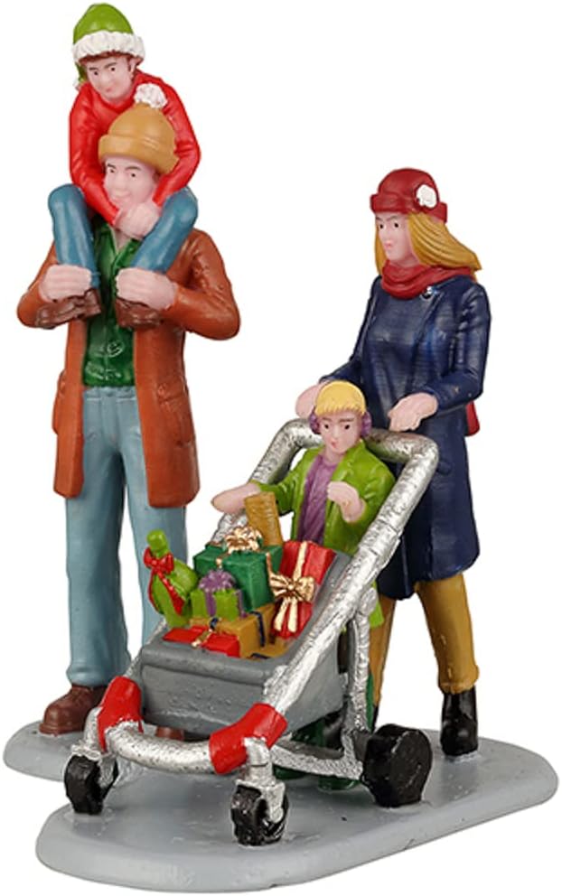 Family Holiday Shopping Set of 2 - Christmas Village Figurine - Red, Green, White