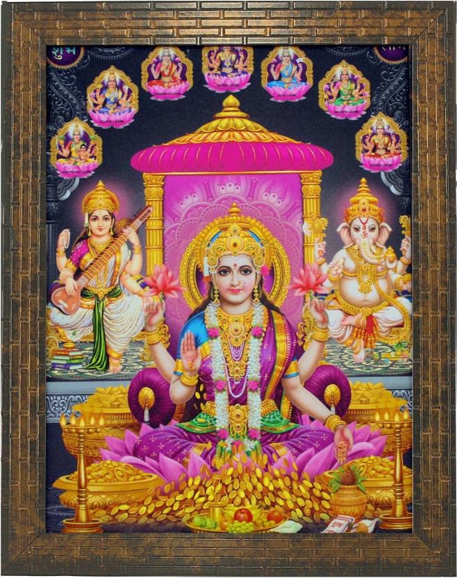Image of Indianara LAXMI GANESH SARASWATI DIWALI POOJAN (1642) Digital Reprint 13 inch x 10.6 inch Painting