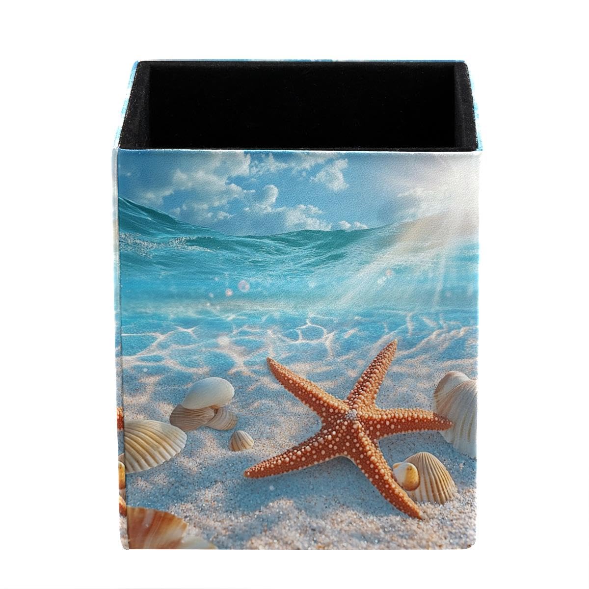 HEOEH Ocean Shells Starfish Pen Holder Pen Pot, Square Pencil Cup for Desk