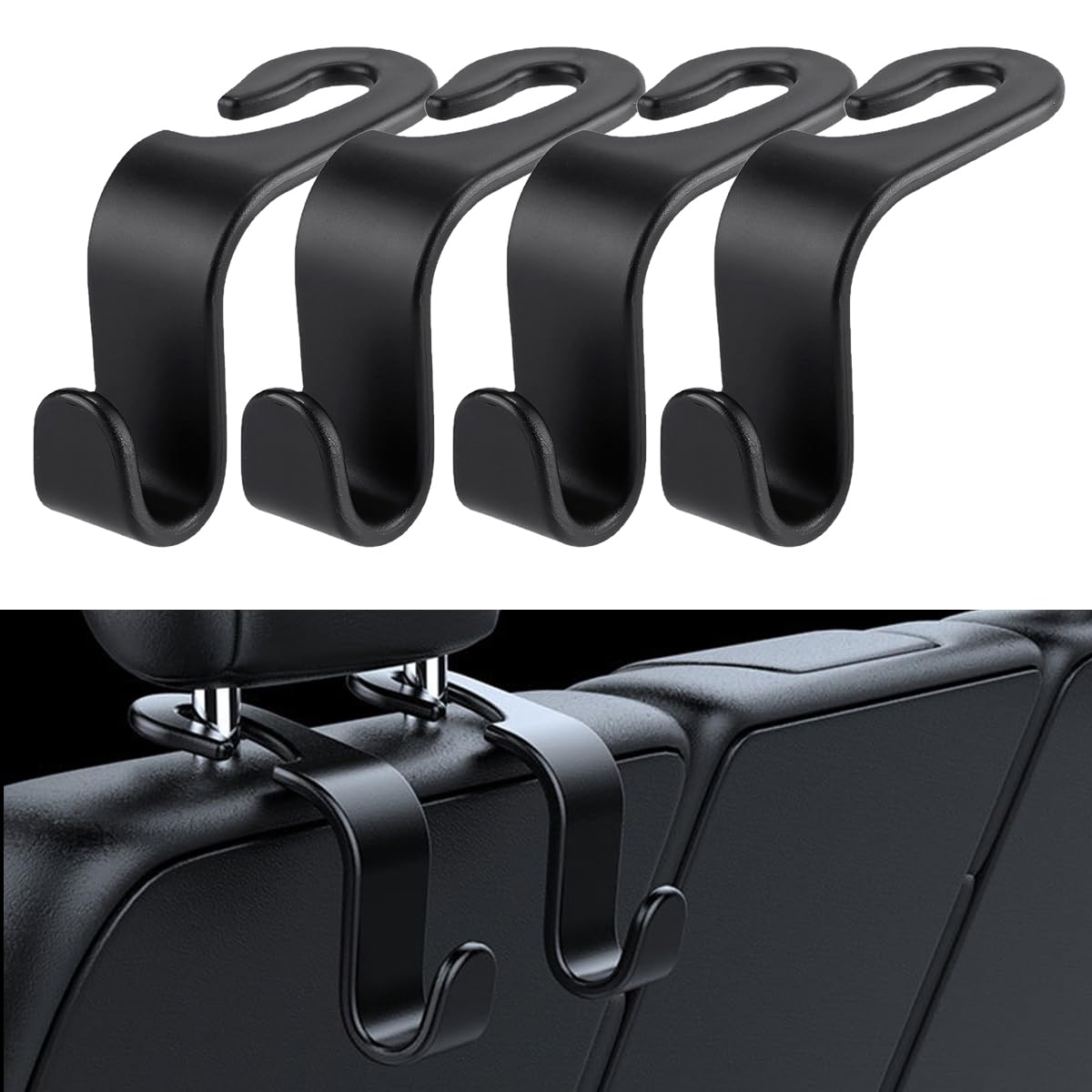 ECVV Car Seat Headrest Hooks for Back Organizer Hanger Storage Hook Purse Holder fit Universal Vehicle Women Bag Clothes Coats Grocery Bags 4 Pack (Black)