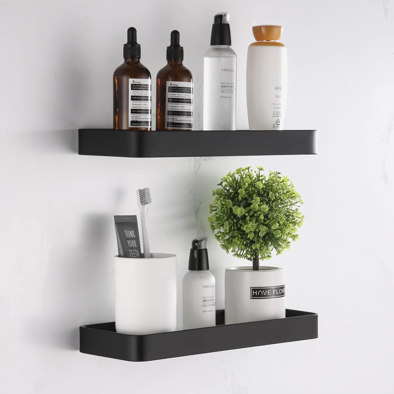 HANFU Estanteria Baño, Estante Ducha Sin Taladro de Estanteria Ducha Aluminio y Bandeja Rectangular de Vidrio, Ducha Cesta Autoadhesivo Montado Pared Organizador Estantería Baño 30cm 2 Piezas, Negro