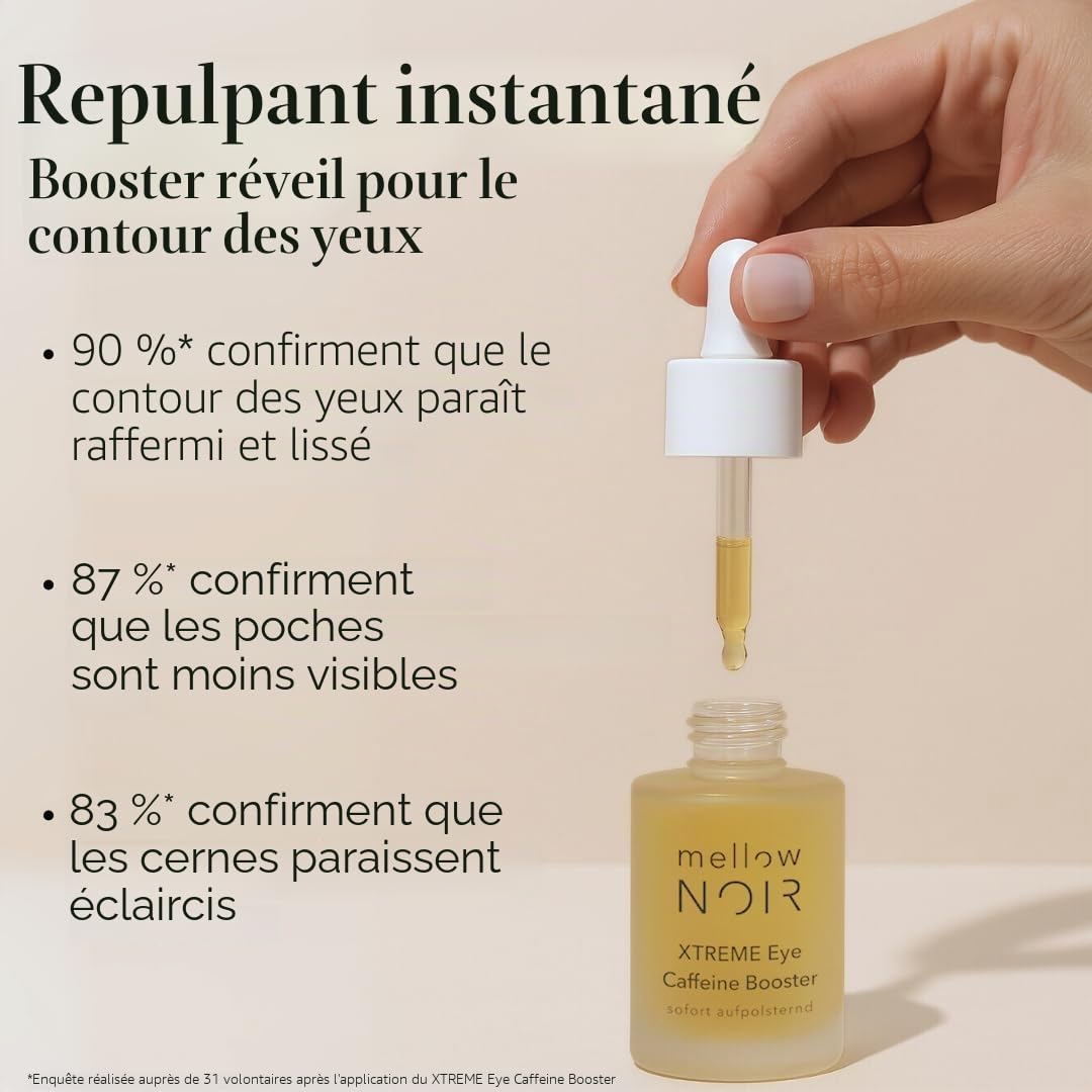 mellow NOIR Xtreme Eye Cafféine Booster Sérum pour les yeux 15 ml | Rembourrage instantané, avec caféine pour les yeux fatigués et enflés, contre les cernes et les poches larmes, végétalien