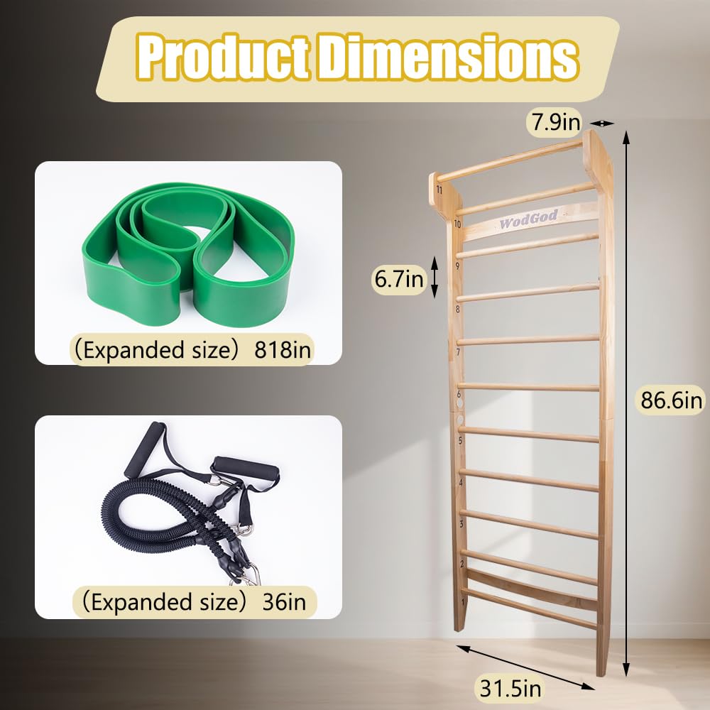 Wood Swedish Ladder with 11 Strategic Rods,Withstands up to 330 lbs,Stall Bar,Include Exercise Straps+Pull-Up Resistance Band+Pull-Up Bar,31.5”*86.6”,Wall Mounted,Stretching and Various Exercises,Indoor Home School Gym Fitness