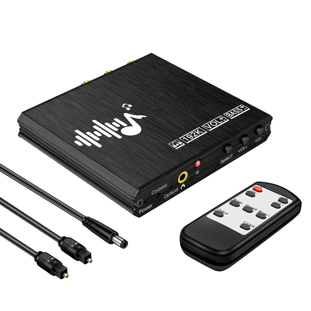 Decodificatore Audio, convertitore Audio Digitale, regolatore Bassi DAC 192kHz, con Adattatore Segnale Audio remoto, Ottico, coassiale, RCA, Uscita Audio 3,5 mm